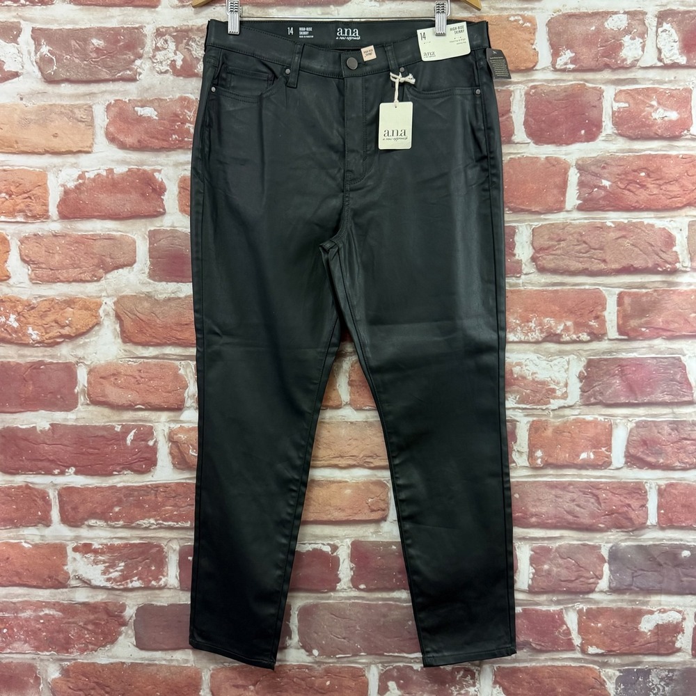 Ana High Rise Skinny Jeans Women's 14 Dark Green Black Waxy Coated Casual Pants